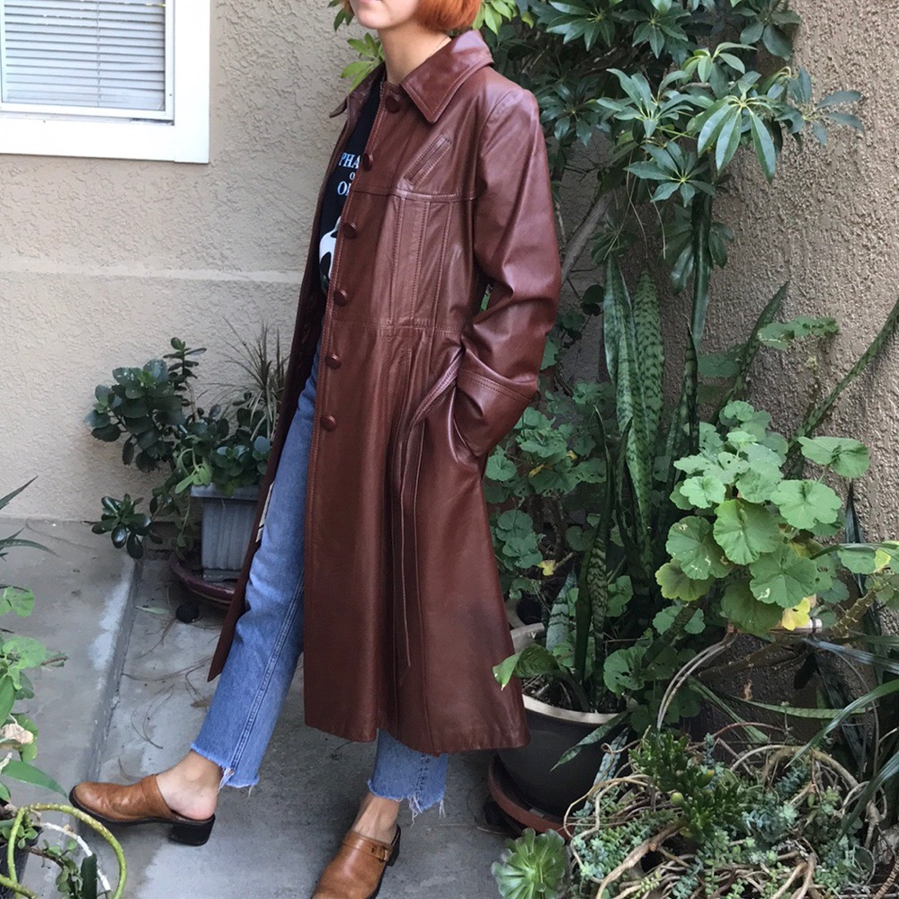 Reddish brown vintage Marcus long leather  coat